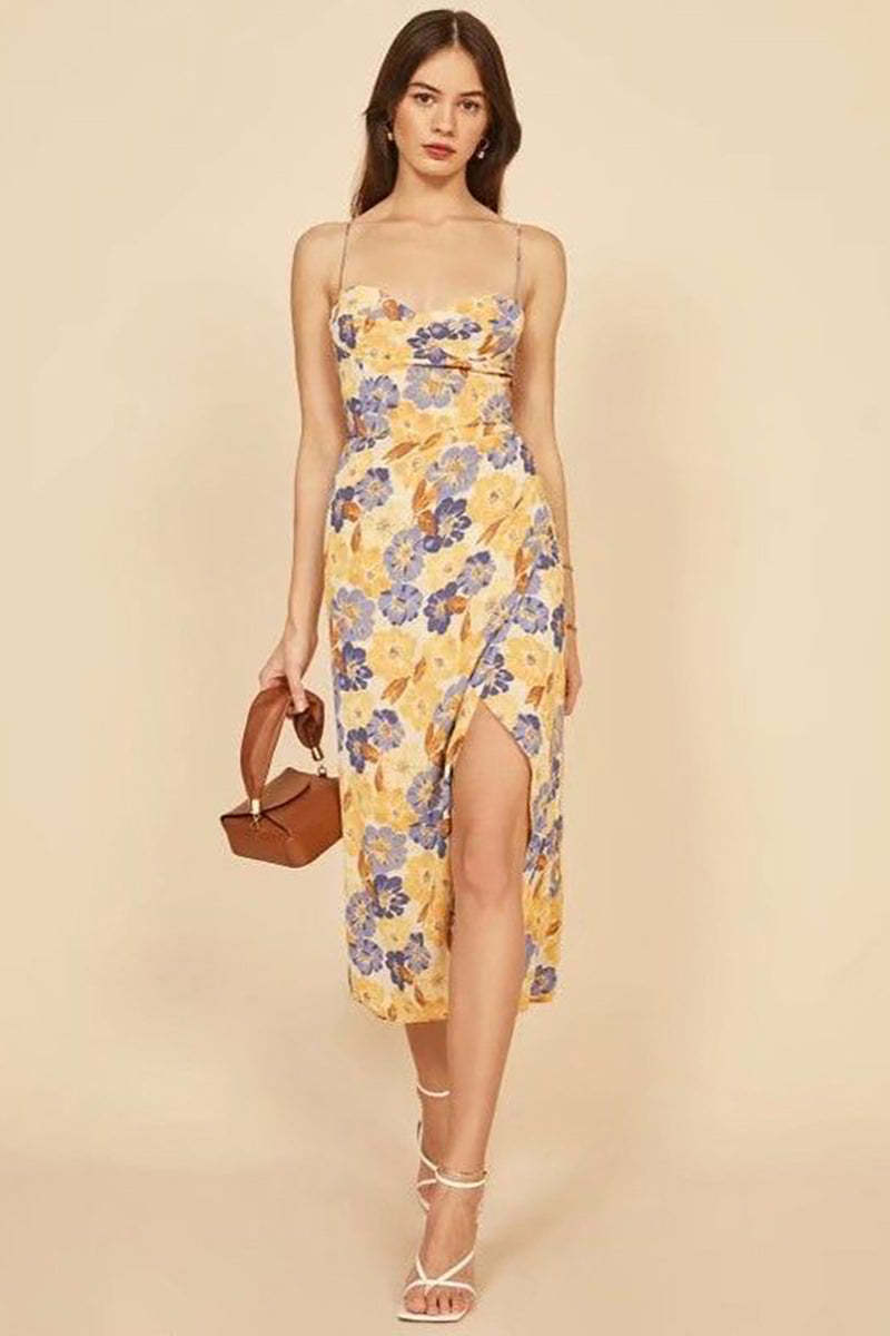 Vacation Irregular Neck Tied Up Cami A-line Floral Print High Slit Midi Dresses