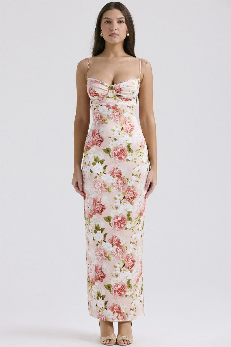 Floral Print Lace Trim Spaghetti Strap Back Slit Hem Slim Fit Maxi Dresses-Pink