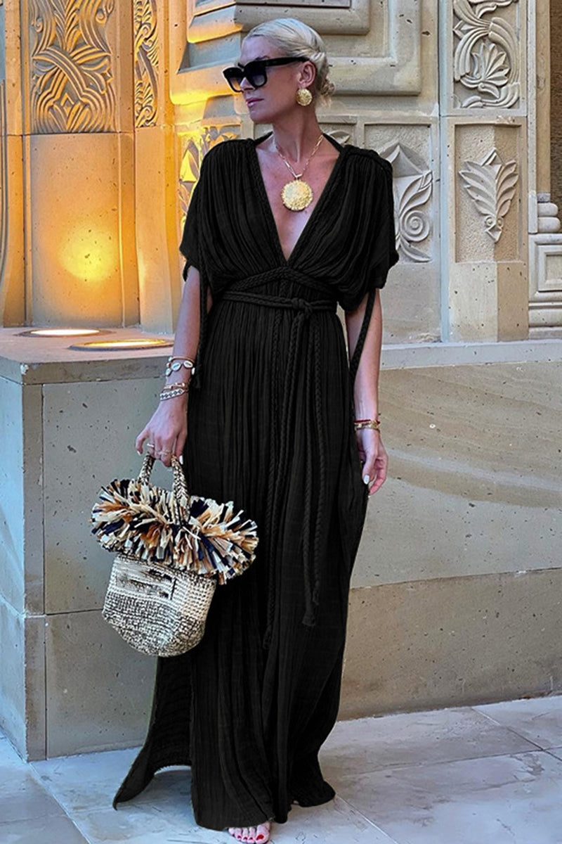 Pleated V Neck Backless Draped Braids Cover Up Slit Maxi Dresses-Green