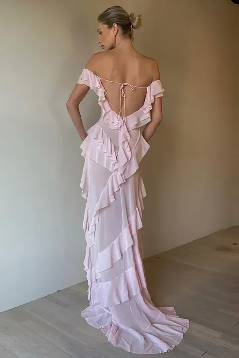 Off Shoulder Flounced High Slit Backless Maxi Dresses-Pink
