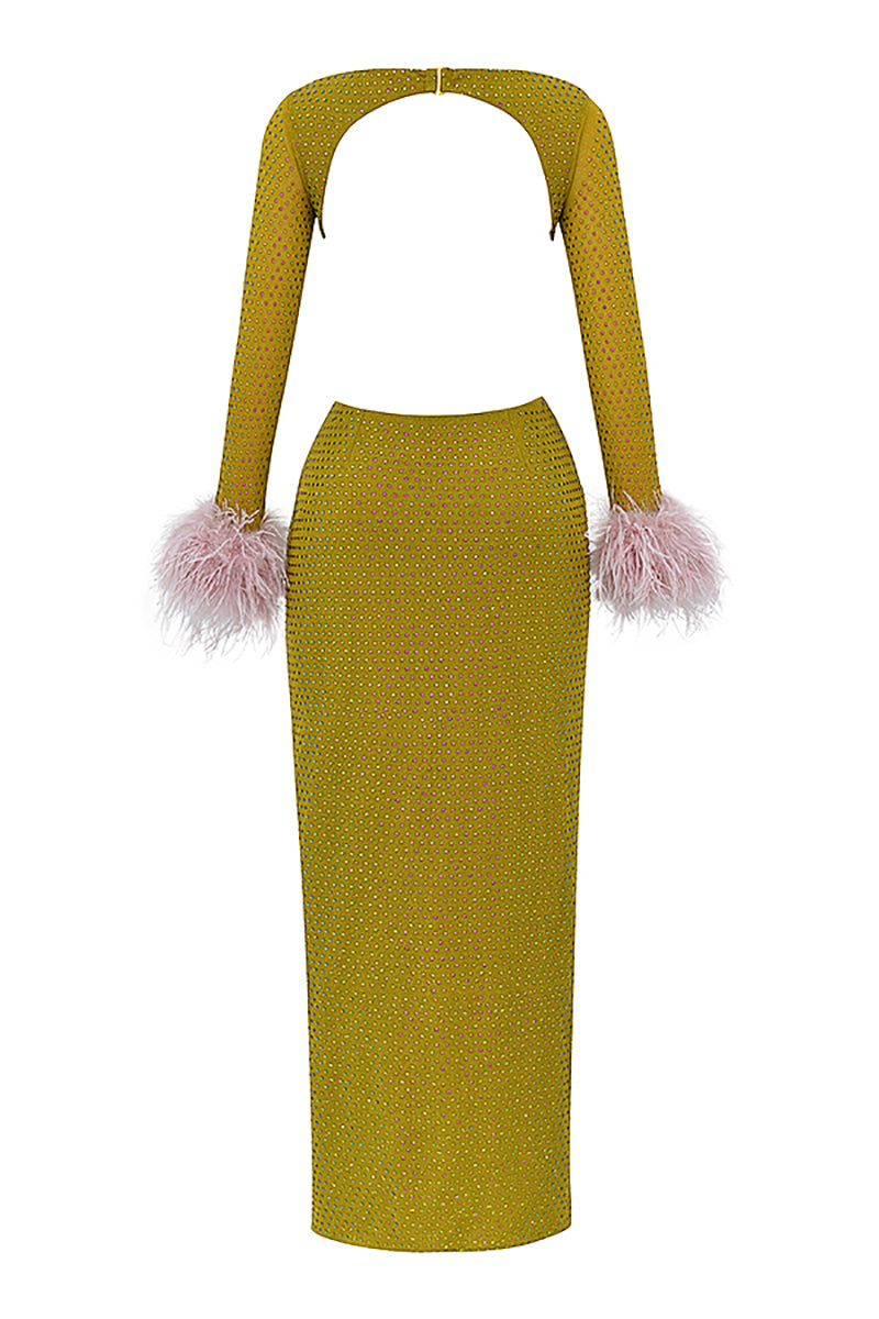 Sequins Backless Cutout Feather Cuff Slit Party Maxi Dresses