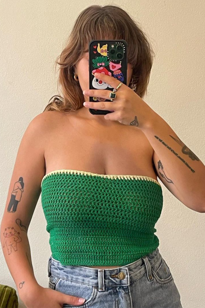 Crochet Colorblock Trim Crop Tube Top-Beige