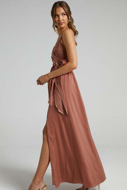 V Neck Knotted Split Gown Slip Maxi Dresses