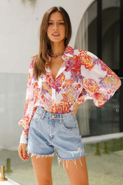 Print Sheer Puff Sleeves Blouse