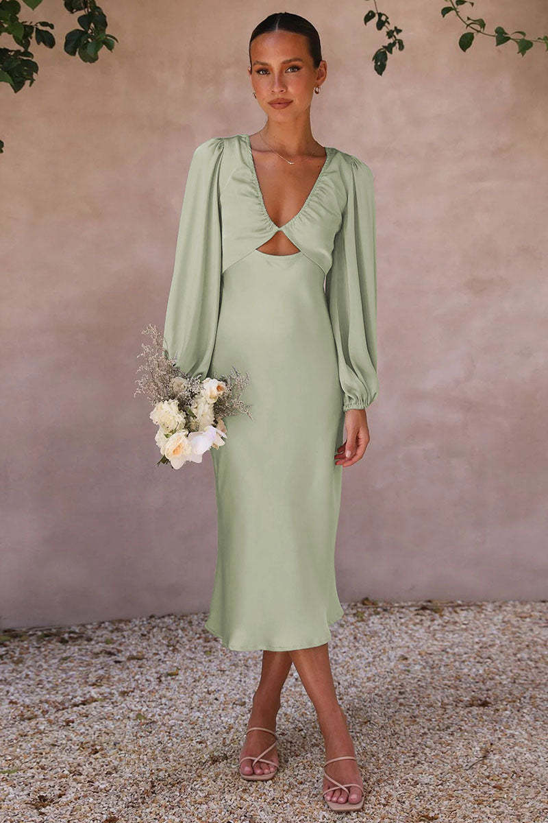 Satin Deep V Neck Lantern Sleeve Tie Up Backless Slim Fit Bridesmaid Gowns Midi Dresses