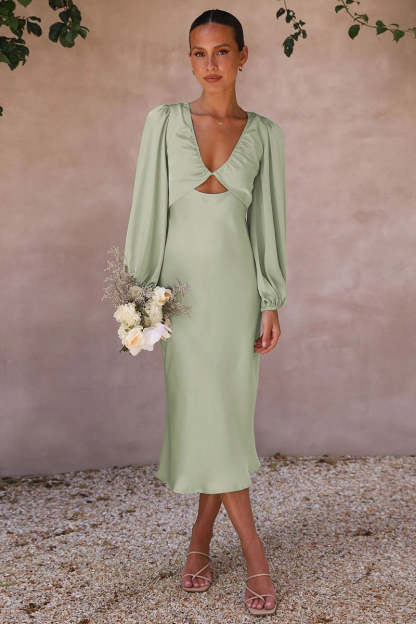 Satin Deep V Neck Lantern Sleeve Tie Up Backless Slim Fit Bridesmaid Gowns Midi Dresses