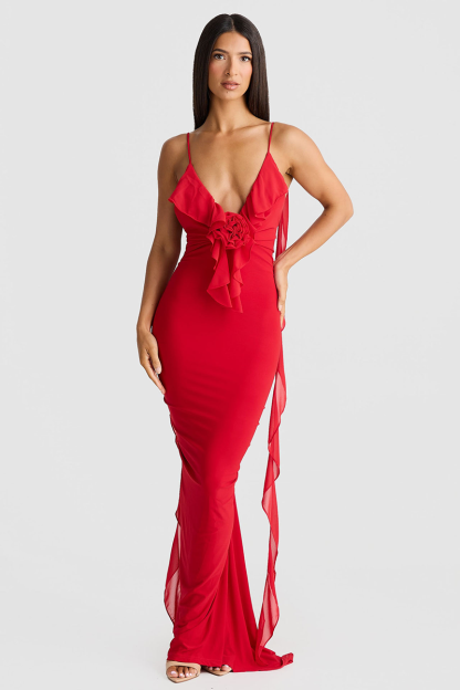 Deep V Neck Backless Bodycon Ruffled Streamer Party Maxi Slip Dresses-Red