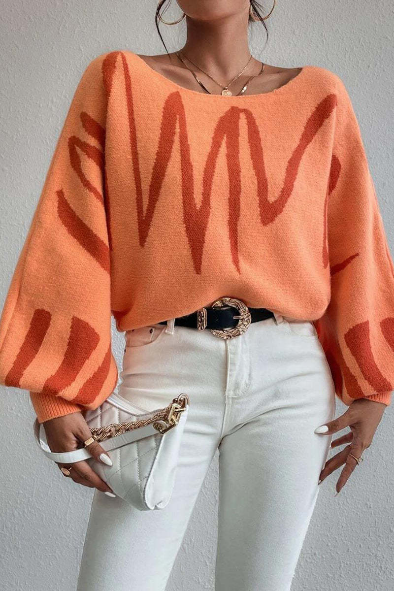 Knit Pattern Print Balloon Sleeve Sweater-Blue