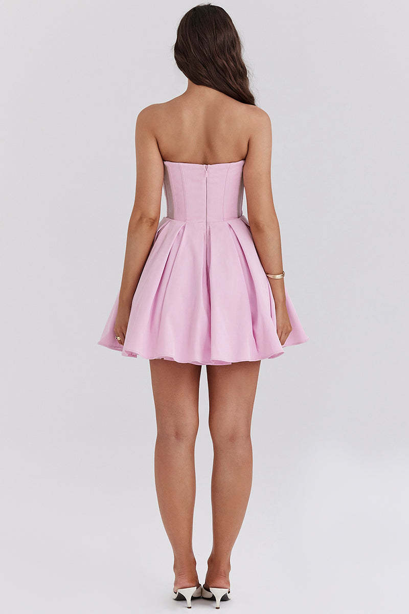 Pleated Corset Strapless Sweetheart Neck Party Mini Dresses-Pink