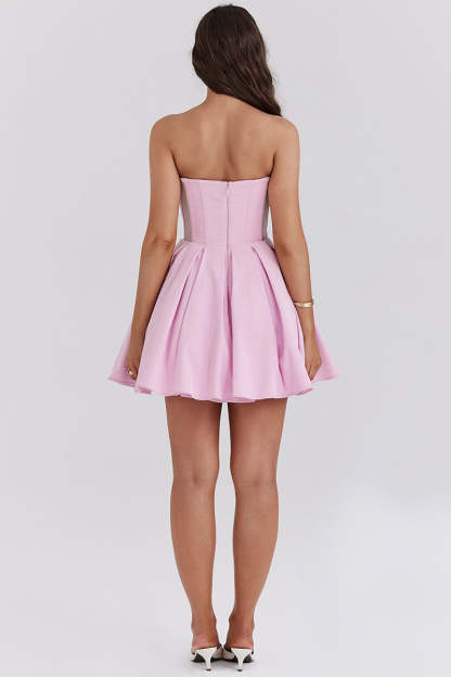 Pleated Corset Strapless Sweetheart Neck Party Mini Dresses-Pink