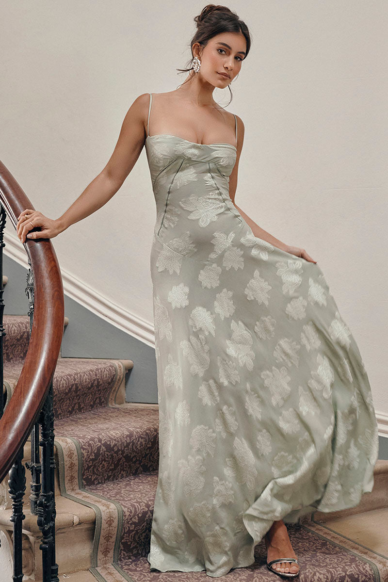 Elegant Floral Print Quilted Lace Up Back Formal Party Flowy Maxi Dresses-Green