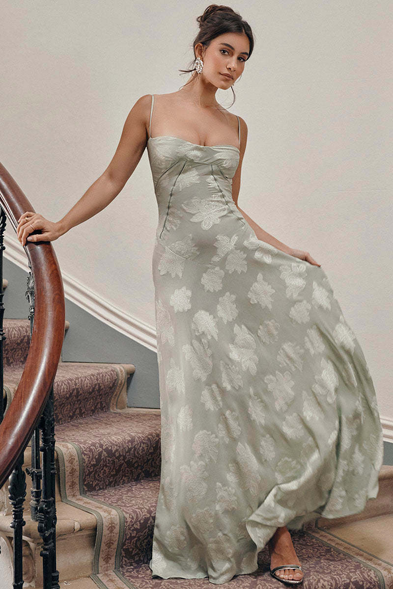 Elegant Floral Print Quilted Lace Up Back Formal Party Flowy Maxi Dresses-Green