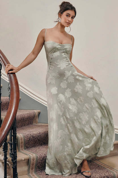 Elegant Floral Print Quilted Lace Up Back Formal Party Flowy Maxi Dresses-Green