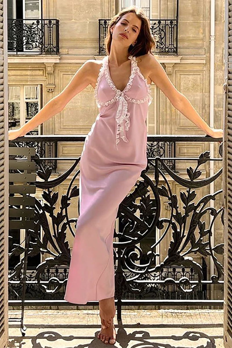 Frilled V Neck Halter Open Back Slim Fit Maxi Dresses-Pink