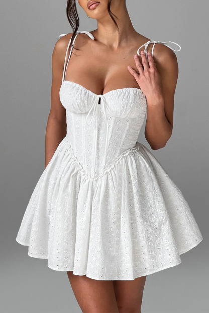 Spaghetti Strap Tie Up Corset A-Line Jacquard Mini Dresses-White Pre Order