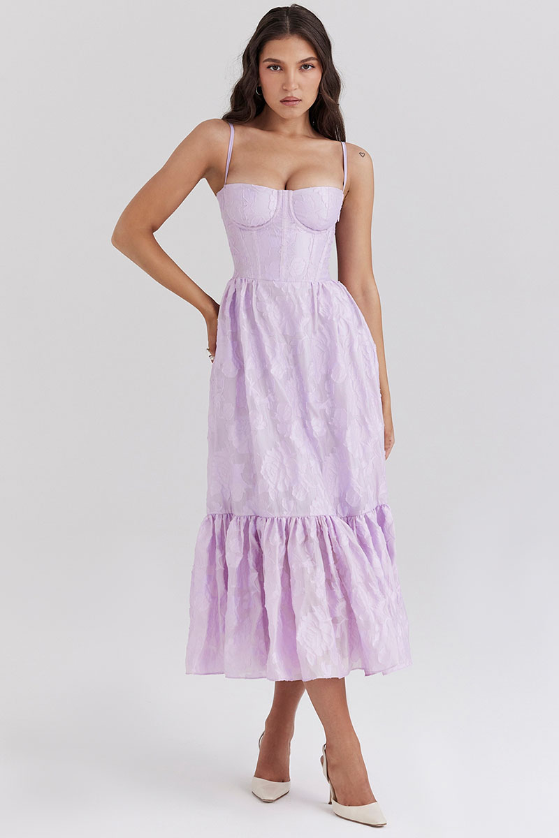 Square Neck Floral Jacquard Lace Up Corset Midi Dresses-Purple