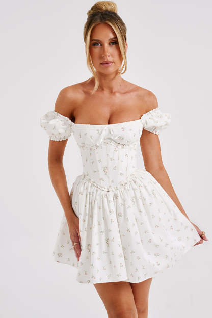Off Shoulder Puff Sleeve Floral Print Corset Mini Dresses-White