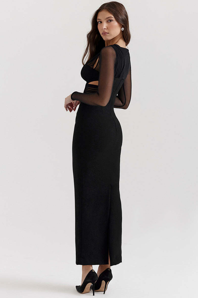 Irregular Cutout Long Sleeve Slim Fit Mesh Maxi Dresses-Black