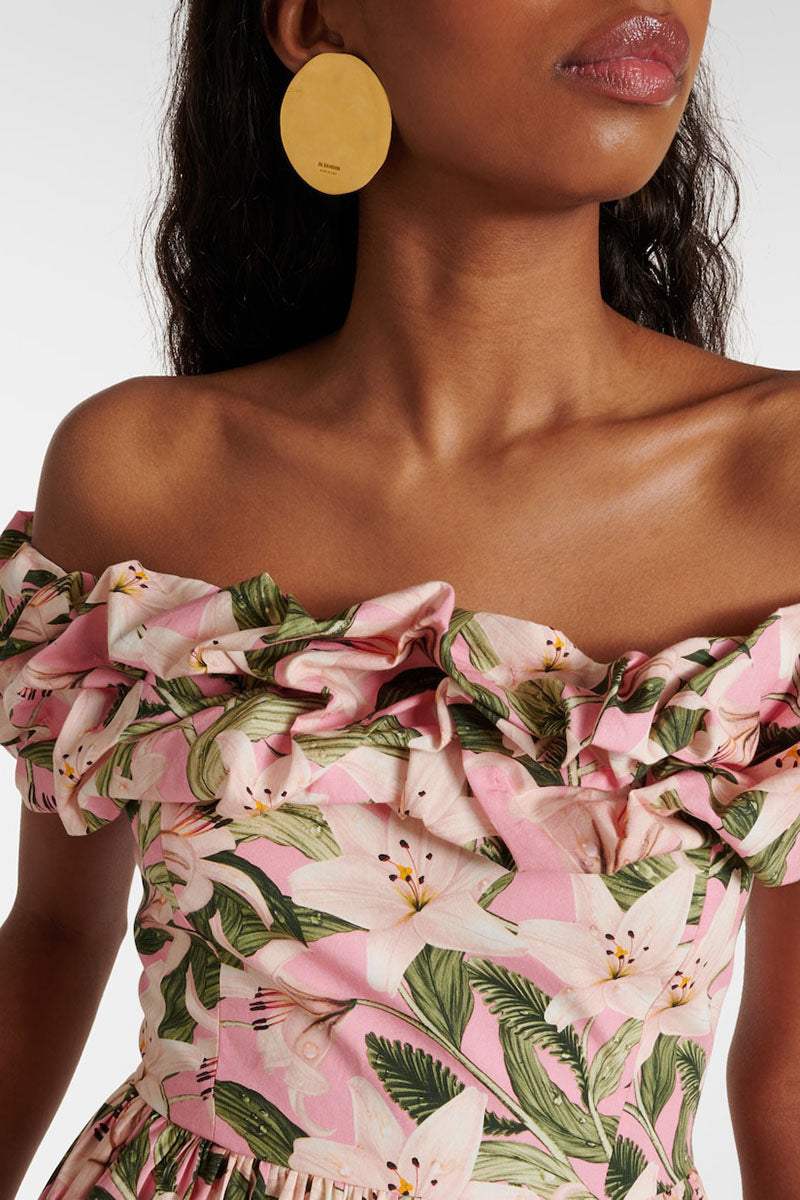 Off Shoulder Ruffle Floral Print Vacation Maxi Dresses-Pink Pre Order