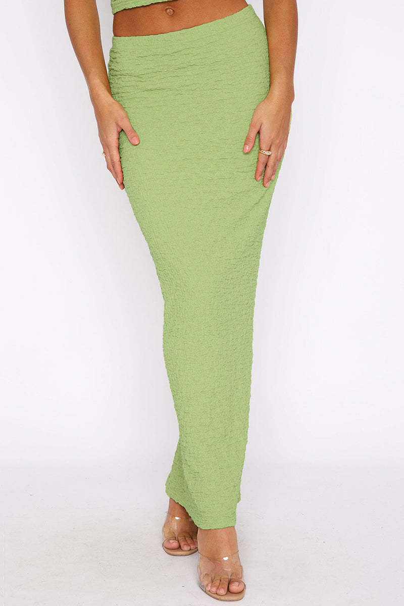 Textured Crop Tube Top Split Bodycon Maxi Skirt Matching Set-White