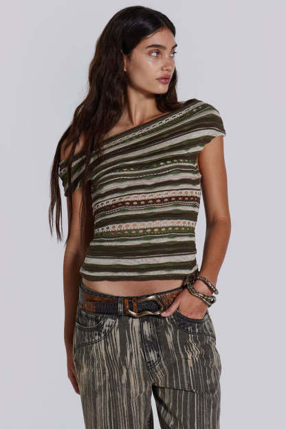 Boat Neck Off Shoulder Boho Pattern Hollow Out Vacation Crop Top-Green