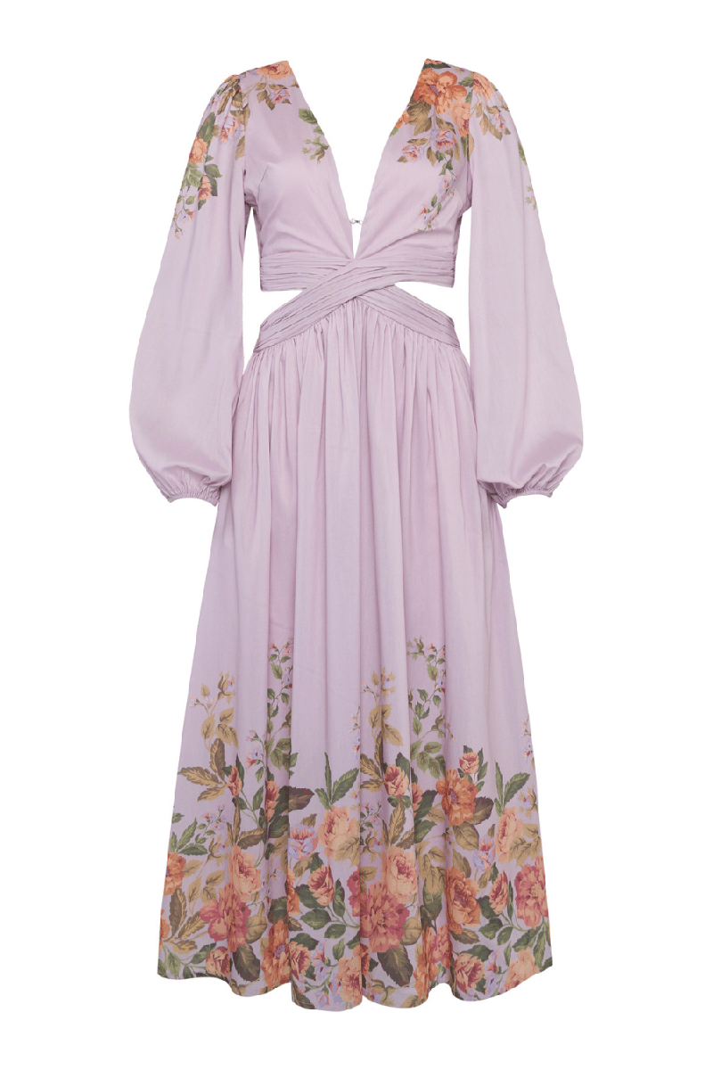 Deep V Neck Lantern Sleeve Cutout Floral Print Midi Dresses-Purple Pre Order