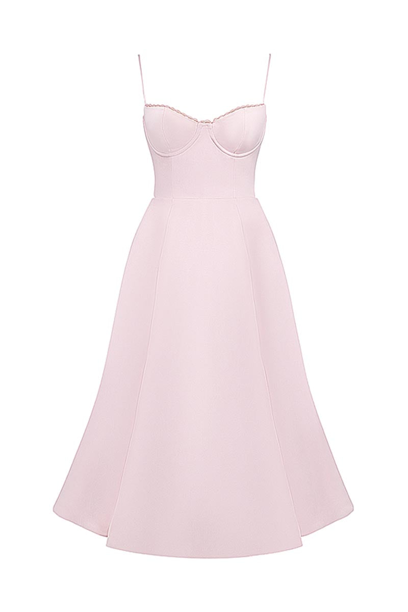 Elegant Cinch Waist Party Bridesmaid Tulle Layered Midi Slip Dresses-Pink