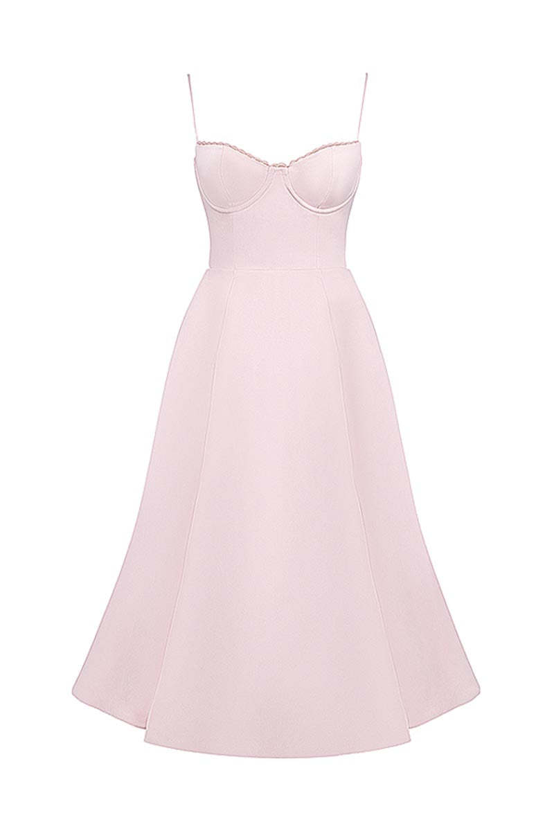 Elegant Cinch Waist Party Bridesmaid Tulle Layered Midi Slip Dresses-Pink