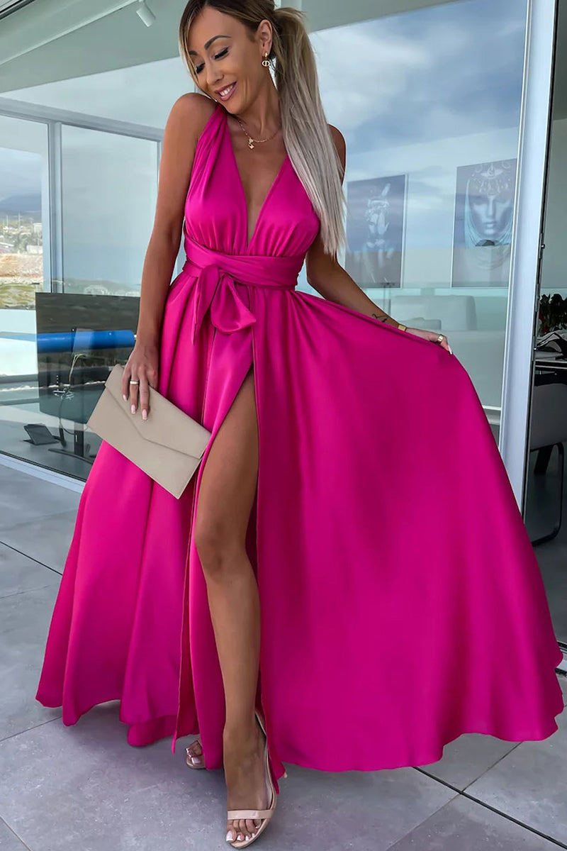 Deep V Neck Wrap Strap High Slit Satin Formal Party Maxi Dress