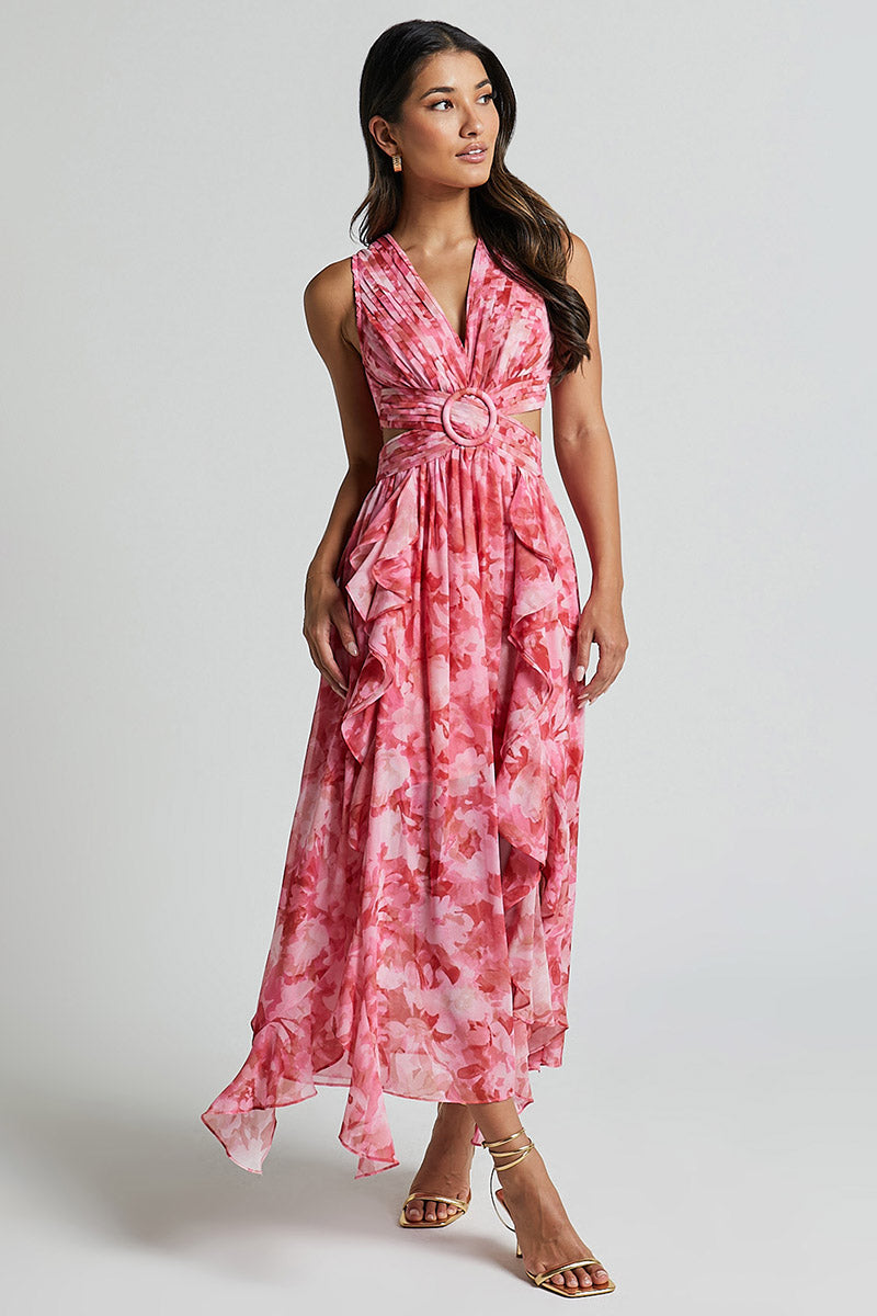 V Neck Ruched Cutout Ruffled Floral Print Slit Midi Dresses-Pink