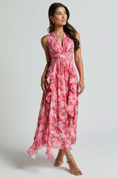 V Neck Ruched Cutout Ruffled Floral Print Slit Midi Dresses-Pink