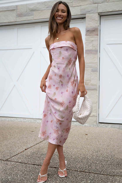Backless Folded Bust Floral Print Satin Tube Maxi Dresses