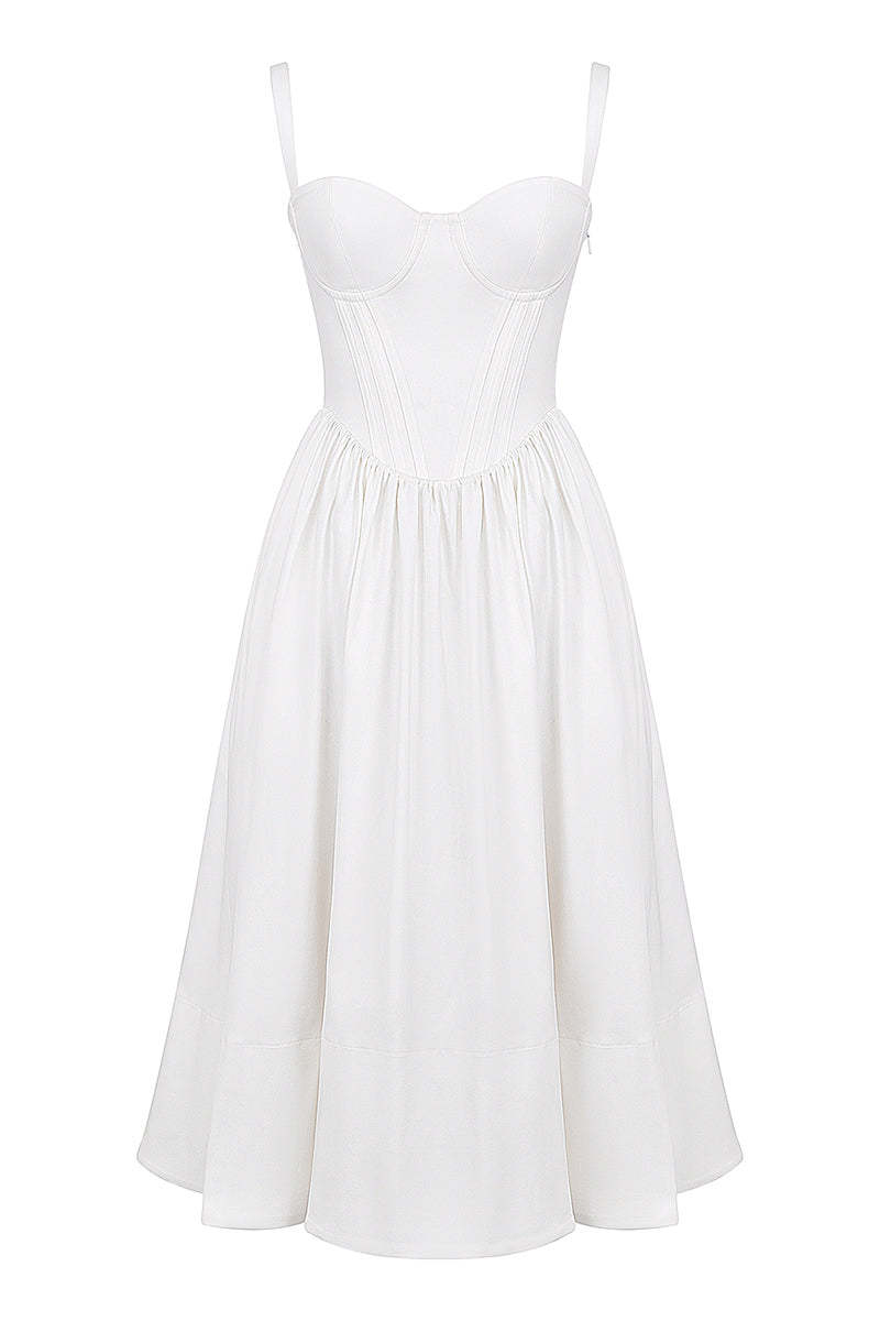Spaghetti Strap Corset Lace Up Pocket Slit Midi Dresses-White