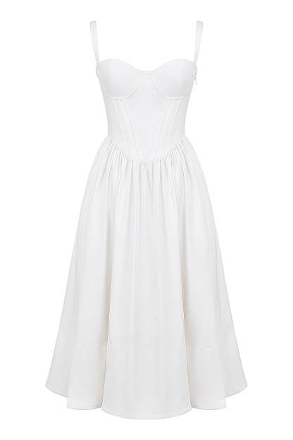 Spaghetti Strap Corset Lace Up Pocket Slit Midi Dresses-White