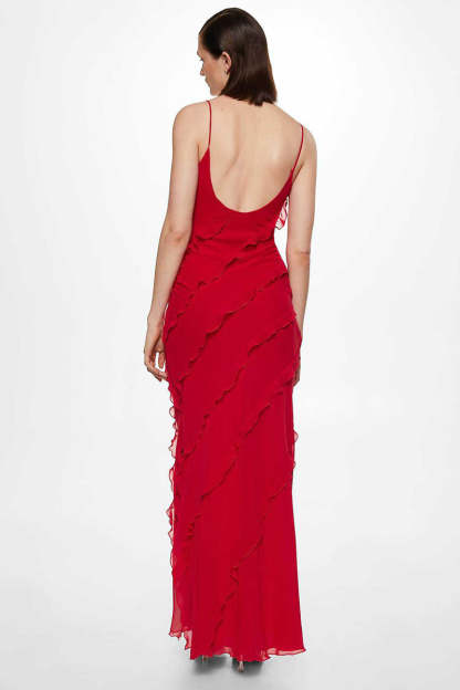 Ruffled Slit V Neck Backless Prom Slip Maxi Dresses