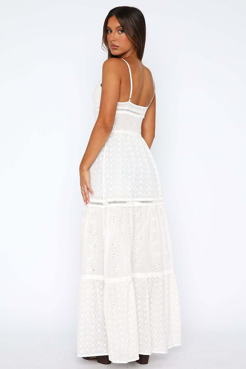 V Neck Front Tie Up Lace A-Line Long Cami-White