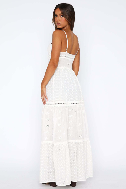 V Neck Front Tie Up Lace A-Line Long Cami-White