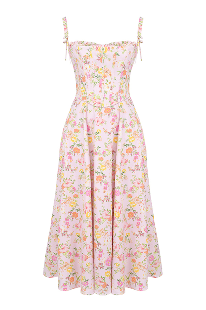Floral Print Cami Corset A-Line Midi Dresses-Pink