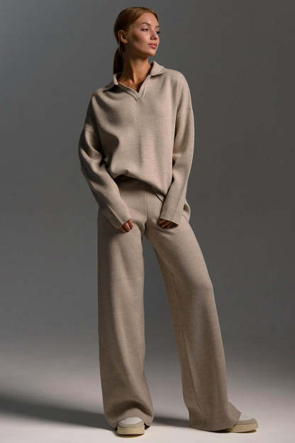 Knit Turndown Collar Sweater Plain Wide Leg Pants Matching Set-Beige