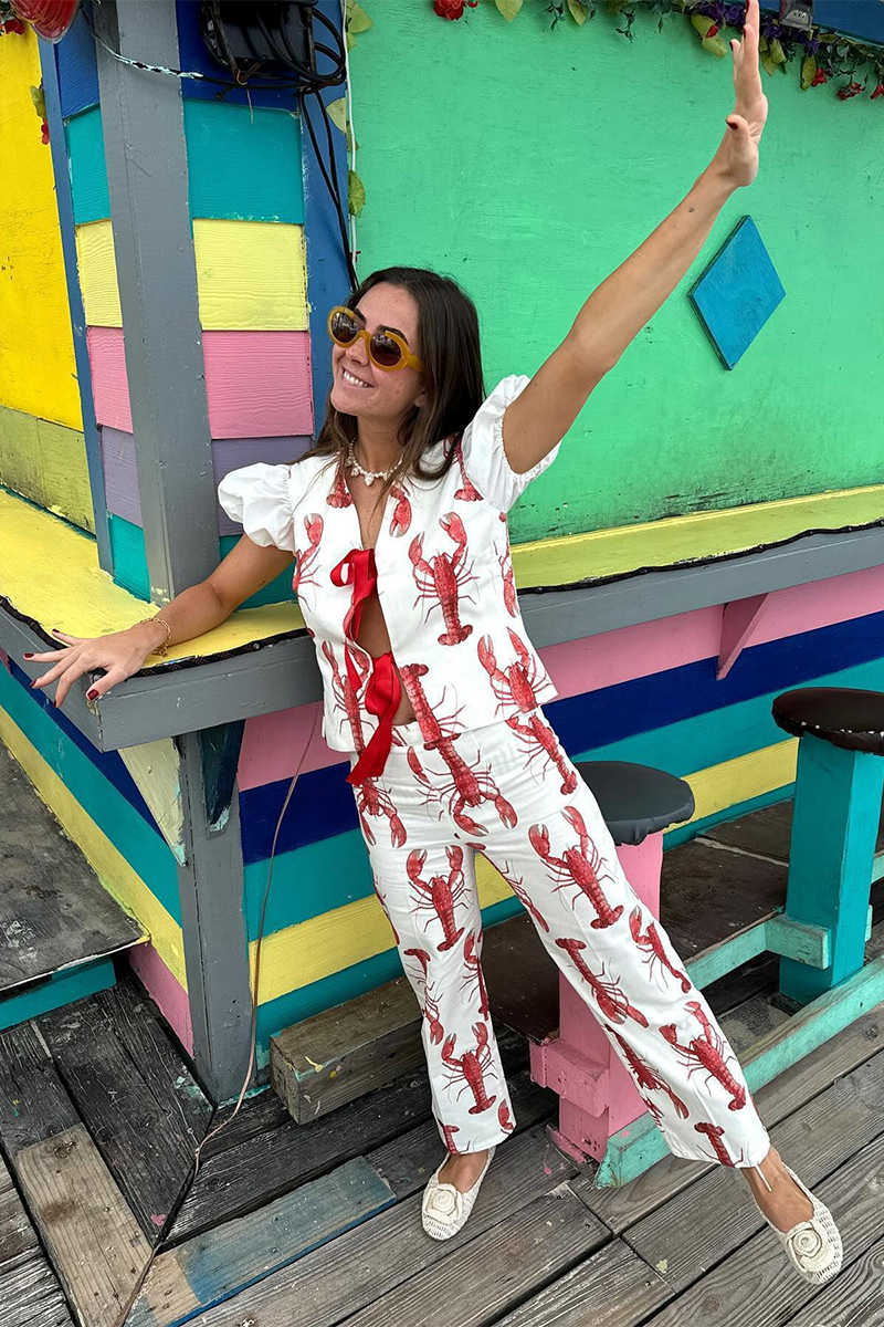 Lobster Print Puff Sleeve Tie Up Top Straight Leg Pants Matching Set-White