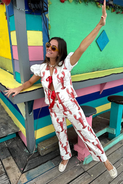 Lobster Print Puff Sleeve Tie Up Top Straight Leg Pants Matching Set-White