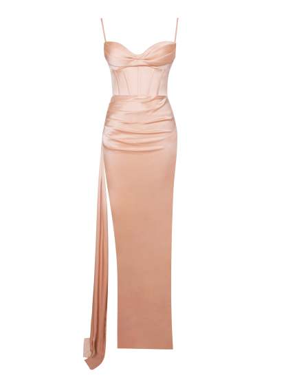 High Slit Irregular Neckline Satin Gown Slip Maxi Dresses