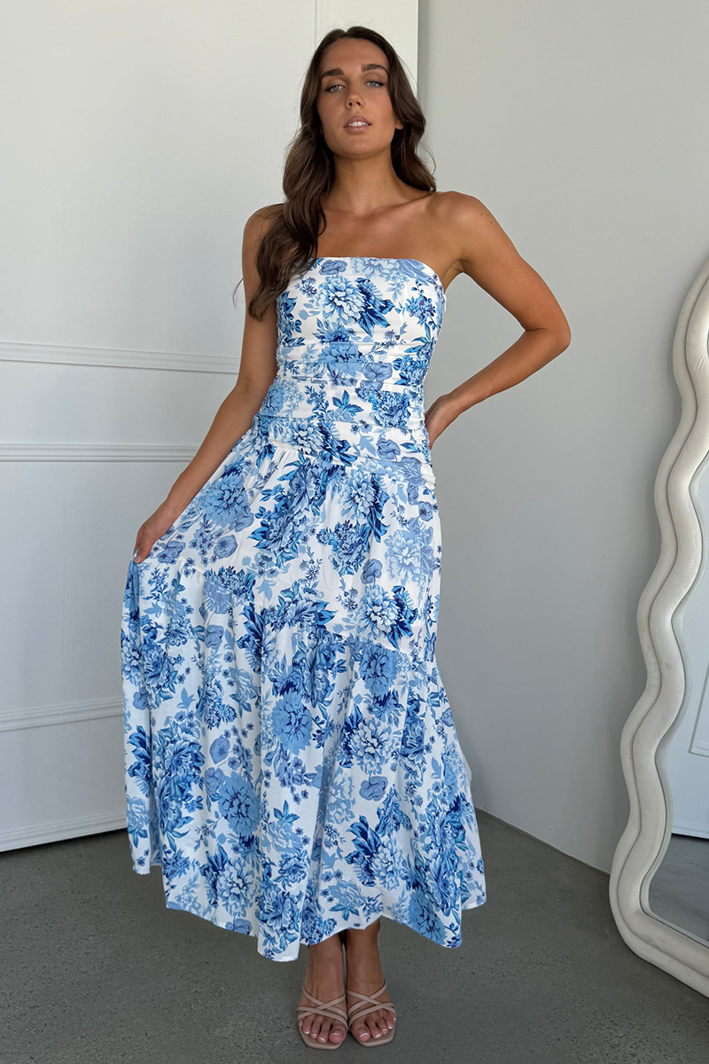Floral Print Boat Neck Strapless A-Line Maxi Dresses-Blue