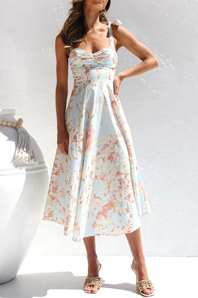 Print Tied Strap Sleeveless Vacation A-Line Midi Dresses