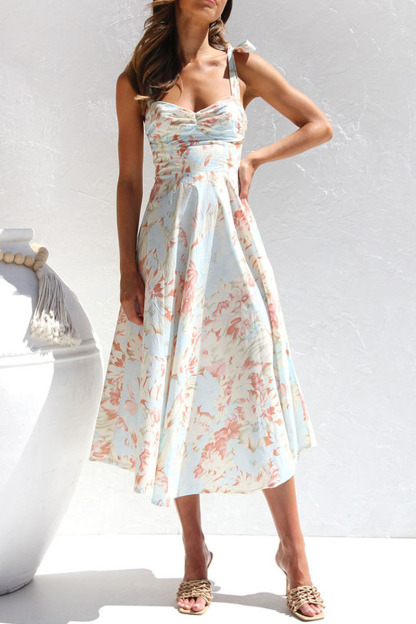 Print Tied Strap Sleeveless Vacation A-Line Midi Dresses