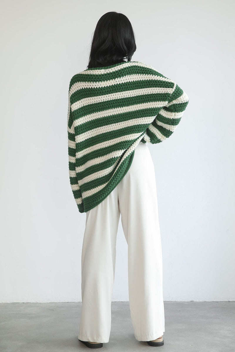 Striped Colorblock Knit Long Sleeve Casual Sweater-Green