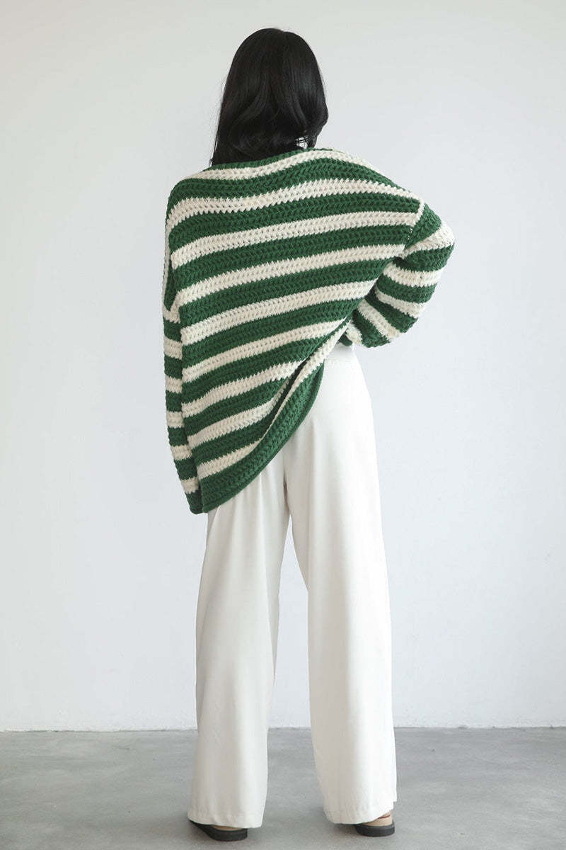 Striped Colorblock Knit Long Sleeve Casual Sweater-Green
