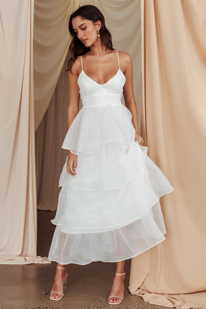 V Neck Cinch Waist Tulle Tiered Hem Backless Midi Slip Dresses-White