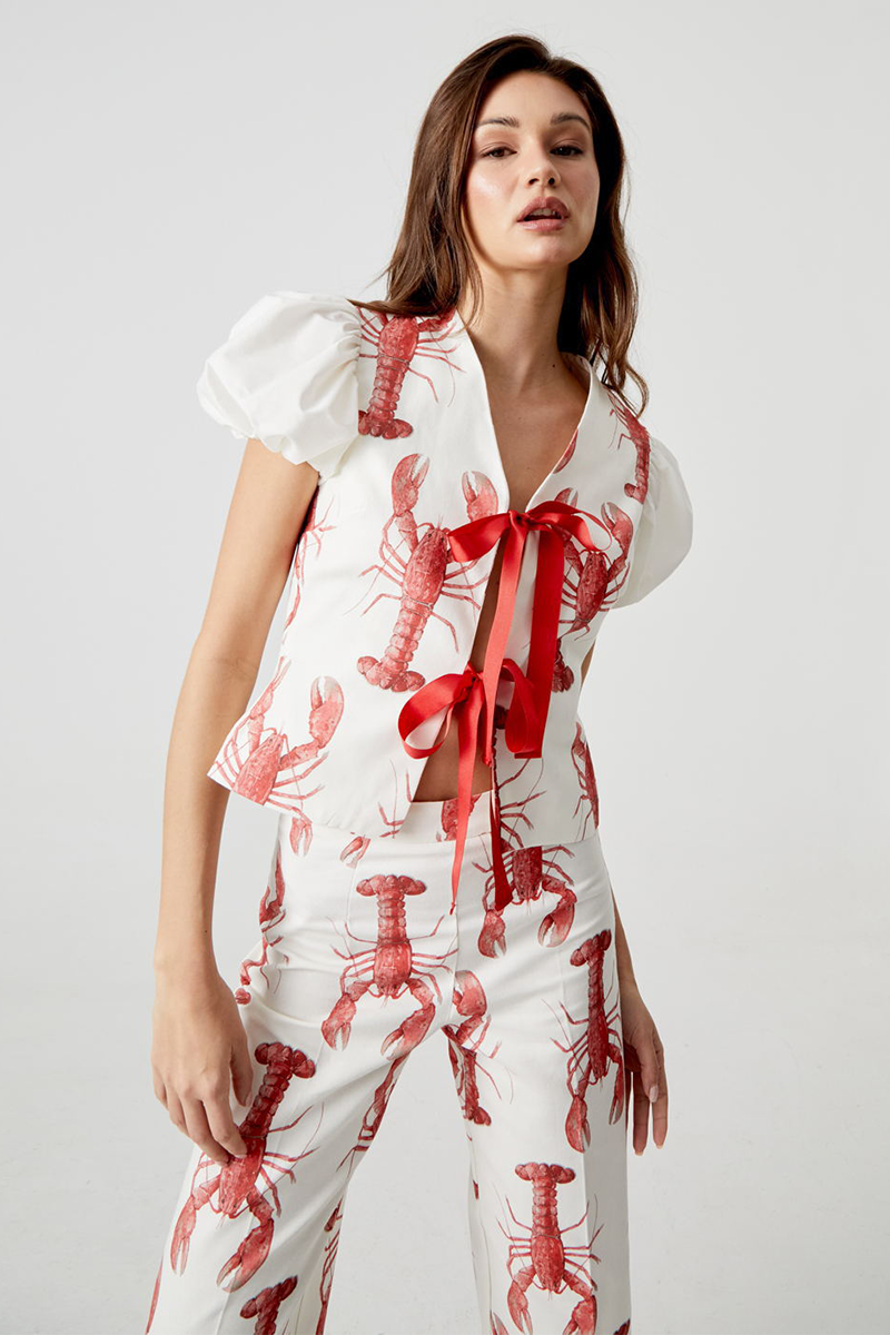 Lobster Print Puff Sleeve Tie Up Top Straight Leg Pants Matching Set-White