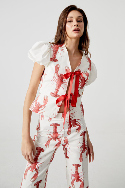 Lobster Print Puff Sleeve Tie Up Top Straight Leg Pants Matching Set-White